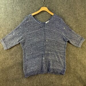 Halston Womens Large Blue Sequin Metallic Knit Sweater 3/4 Sleeve Lightweight